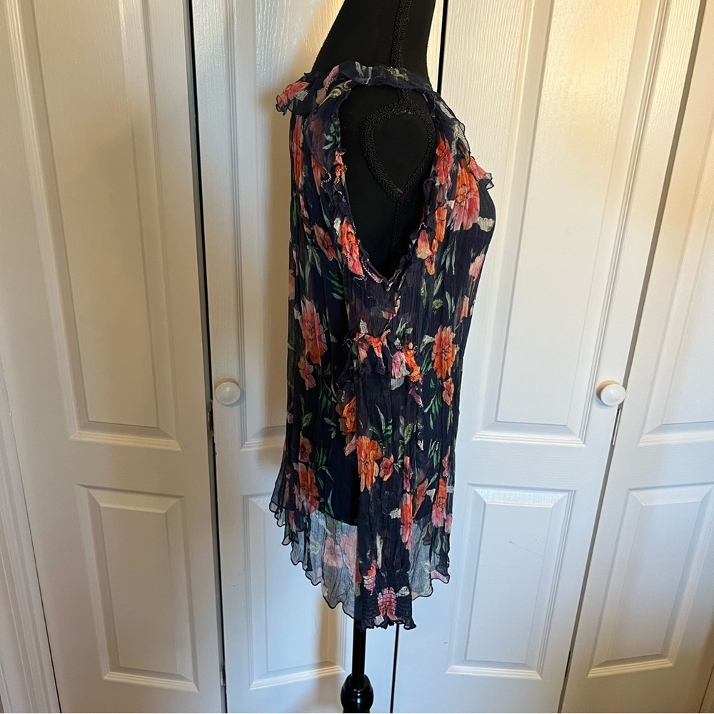 Johnny Was love Desi  100% Silk Top Sz M Floral Sheer Boho Ruffle Tunic peasant - Picture 8 of 11
